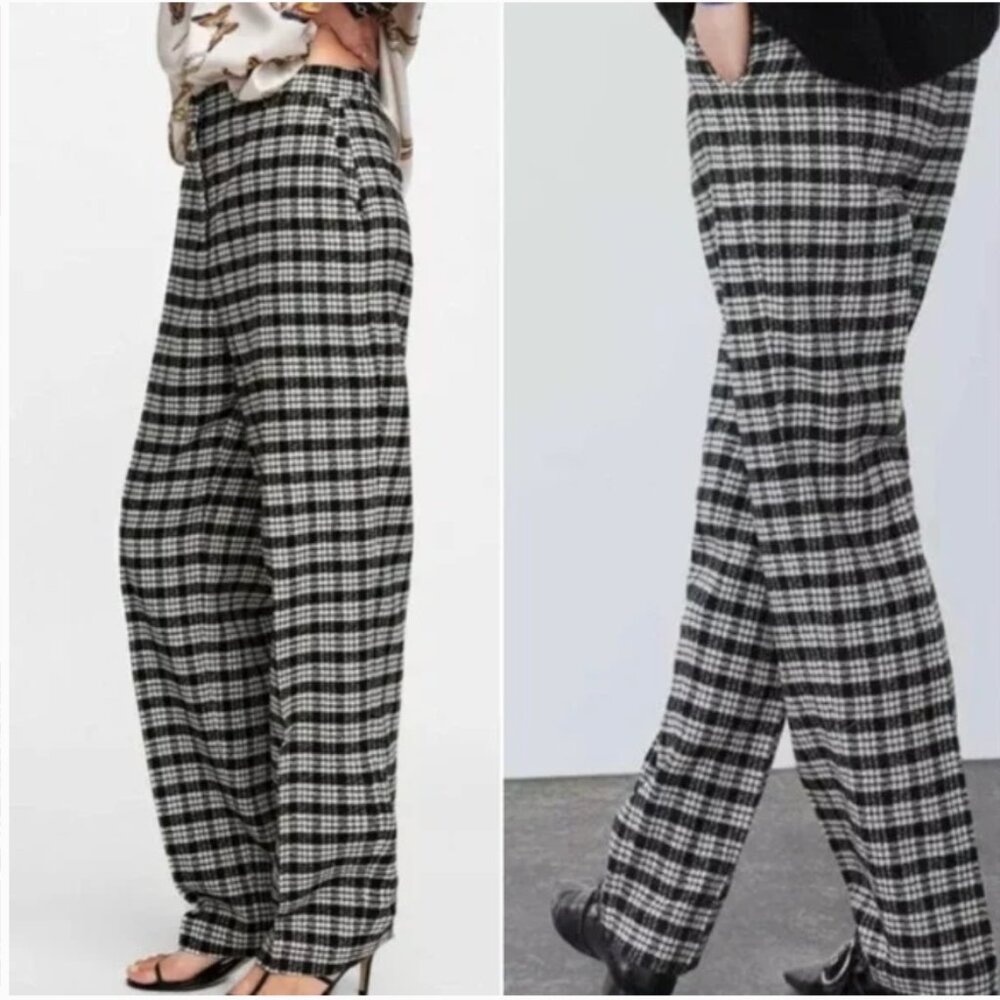 Zara Wool Blend Relaxed Straight Leg Trouser Pant Black White Plaid High Rise M